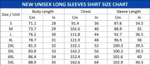 Long Sleeve T-Shirts Size Chart